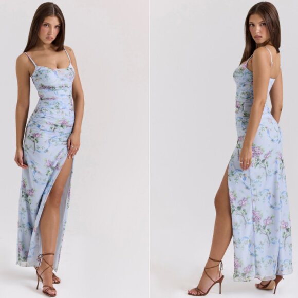 House of CB ‘Lini’ Blue Floral Print Mesh Maxi Dress NWOT - Picture 3 of 9